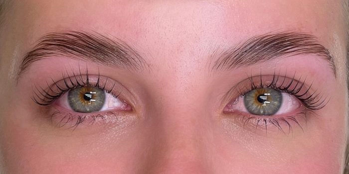 After: fluffy, brushed-up brows and lifted lashes.